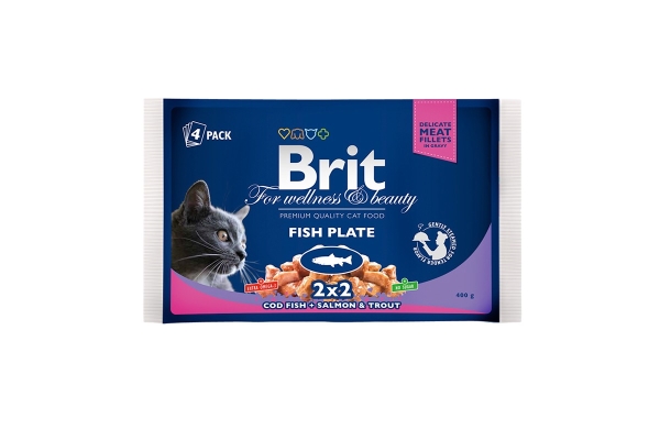 Корм вологий для кішок Brit Premium Cat pouch Рибна тарілка в желе, 4 пакети по 100 г