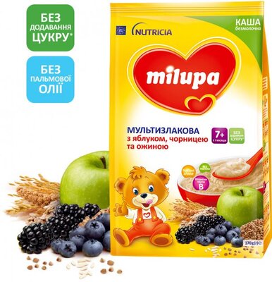 Каша безмолочная Milupa мультизлаковая с яблоком, черникой и ежевикой с 7 месяцев, 170 г