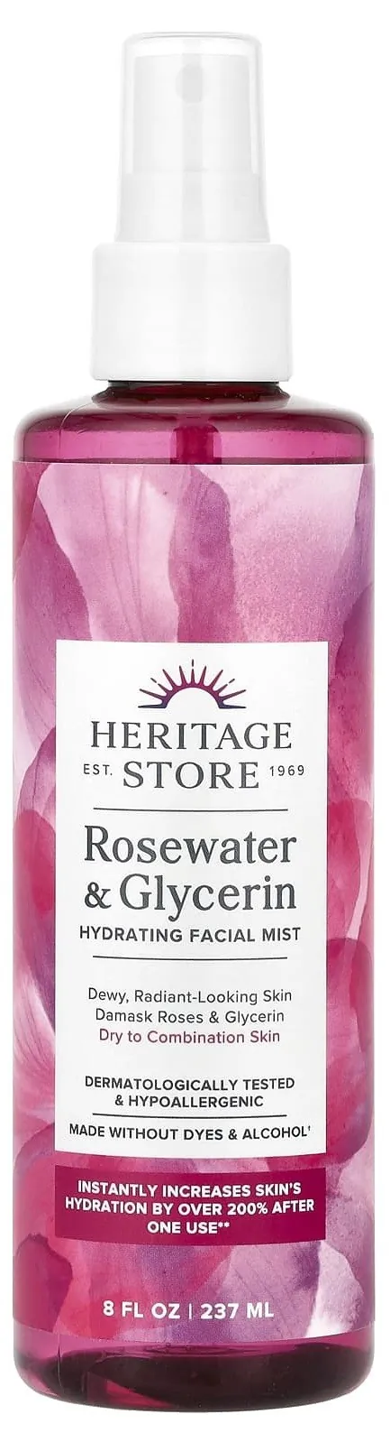 Спрей для обличчя Heritage Store зволожуючий Рожева вода та гліцерин, 237 мл