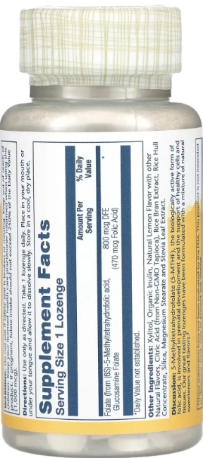 Метилфолат Solaray Methyl Folate 800 мкг вкус лимона, 60 леденцов