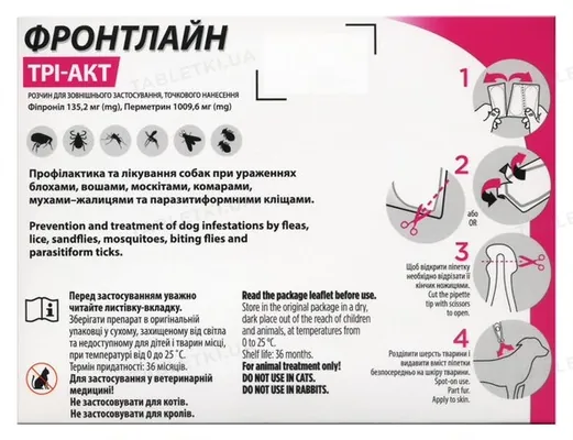 Фронтлайн Три-Акт від бліх, вошей, кліщів та комарів для собак вагою 10-20 кг, 3 піпетки