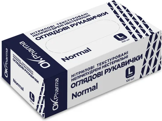 Рукавички оглядові OK Pharma Normal нітрилові без пудри, текстуровані, нестерильні, розмір L, 100 штук