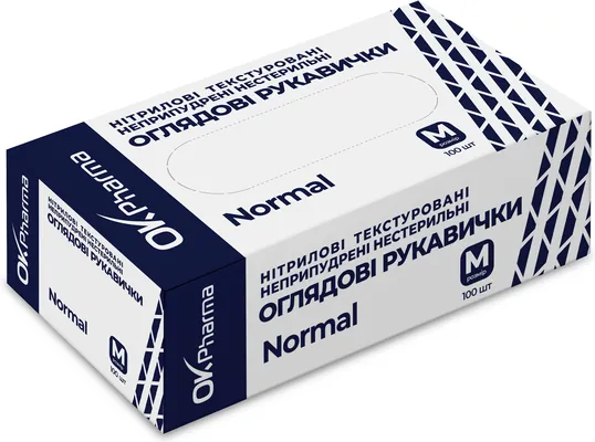 Рукавички оглядові OK Pharma Normal нітрилові без пудри, текстуровані, нестерильні, розмір M, 100 штук