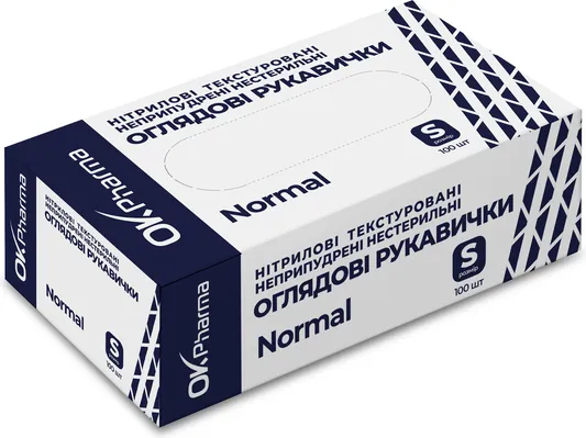 Рукавички оглядові OK Pharma Normal нітрилові без пудри, текстуровані, нестерильні, розмір S, 100 штук