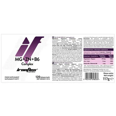 Магній, цинк та вітамін B6 IronFlex Nutrition Mg+Zn+B6 Complex 375 мг, 120 вегетаріанських капсул