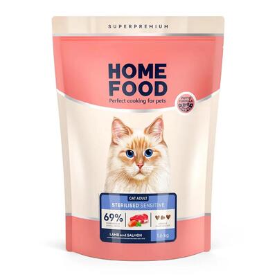 Корм сухой для кошек Home Food с чувствительным пищеварением, с ягненком и лососем, 1,6 кг