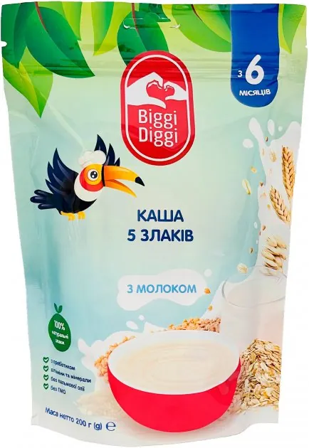 Каша молочна Biggi Diggi швидкорозчинна 5 злаків для дітей з 6 місяців, 200 г