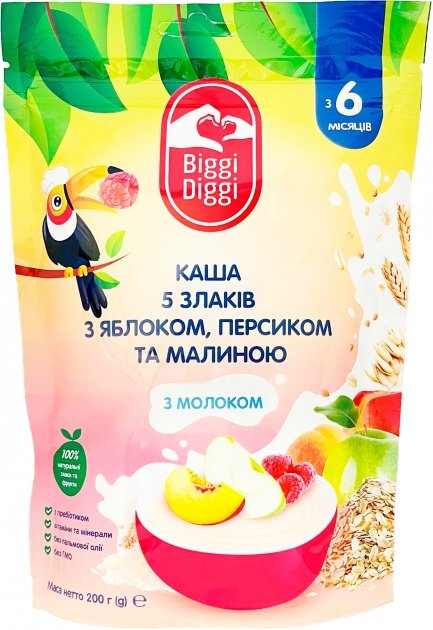 Каша молочная Biggi Diggi быстрорастворимая 5 злаков с яблоком, персиком и малиной для детей с 6 месяцев, 200 г