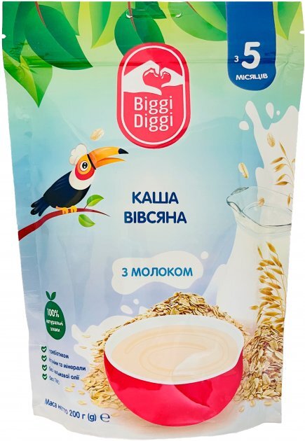 Каша молочная Biggi Diggi быстрорастворимая овсяная для детей с 5 месяцев, 200 г