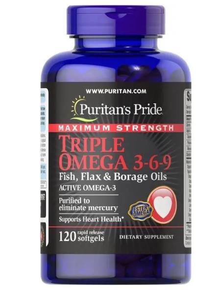 Омега 3-6-9 Puritan's Pride Omega 3-6-9 Triple Maximum Strength 1200 мг, 120 гелевих капсул