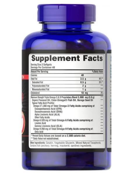 Омега 3-6-9 Puritan's Pride Omega 3-6-9 Triple Maximum Strength 1200 мг, 120 гелевых капсул