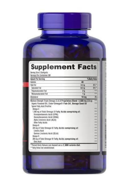 Омега 3-6-9 Puritan's Pride Omega 3-6-9 Triple Maximum Strength 1200 мг, 240 гелевых капсул