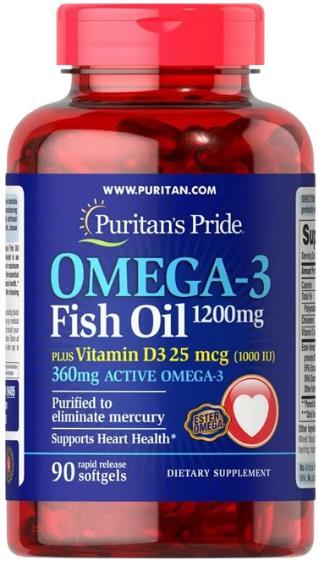 Омега-3 рыбий жир + витамин Д3 Puritan's Pride Omega 3 Fish Oil 1200 мг with Vitamin D3 1000 UI, 90 гелевих капсул
