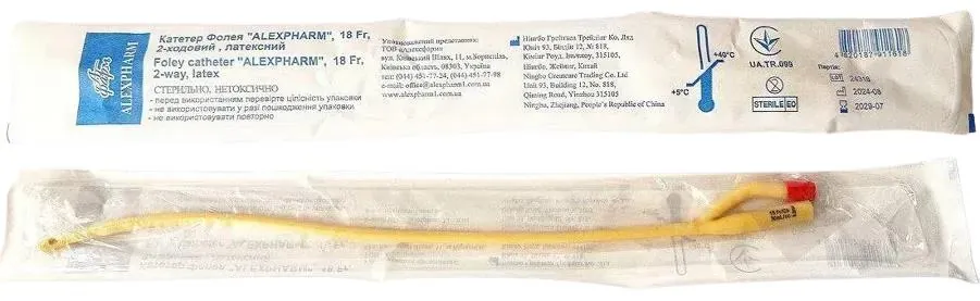 Катетер урологічний Alexpharm тип Фолея 18 Fr, 2-ходовий, латексний, червоний, 1 штука