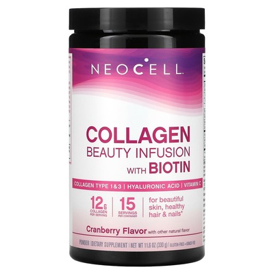 Комплекс для красоты волос, кожи и ногтей Neocell Beauty Infusion Коллаген 1 и 3 типа, Гиалуроновая кислота + Биотин вкус клюквы, порошок, 330 г
