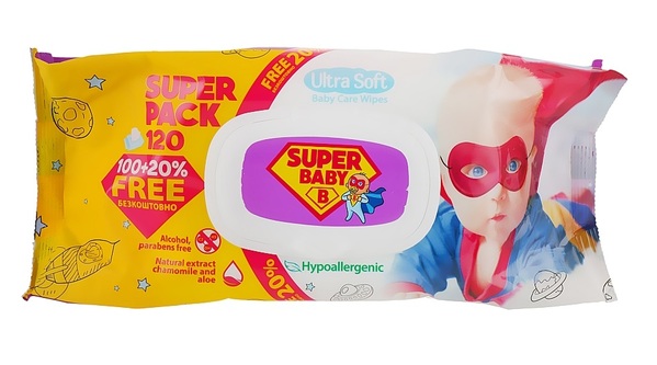 Салфетки влажные Super Baby детские Ромашка и алоэ, Super Pack, 120 шт