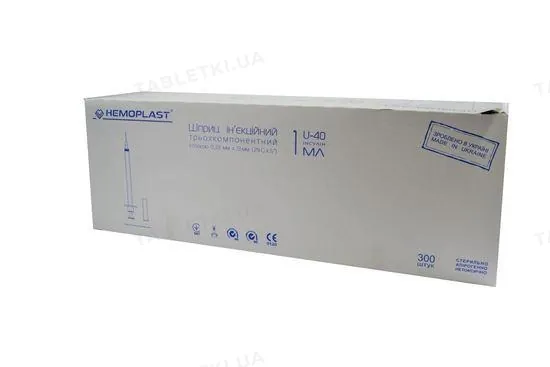 Шприц інсуліновий 1 мл U-40 Hemoplast 3-х компонентний з голкою 29G (0,33 x 13 мм), 300 штук