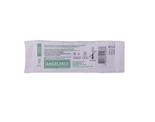 Шприц 2 мл Angelmed 3-х компонентний з двома голками 23G (0,6 мм x 30 мм) і 24G (0,55 мм x 25 мм), 1 штука