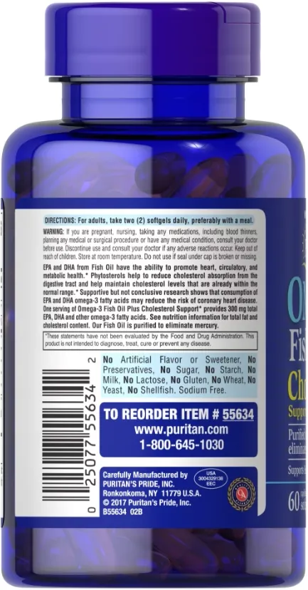 Омега-3 риб'ячий жир Puritan's Pride Omega-3 Fish Oil 1000 mg Plus Cholesterol Support, 60 гелевих капсул