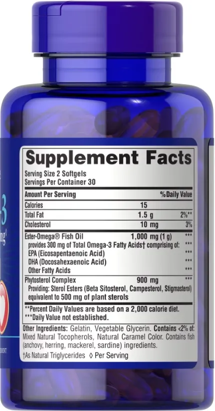 Омега-3 риб'ячий жир Puritan's Pride Omega-3 Fish Oil 1000 mg Plus Cholesterol Support, 60 гелевих капсул