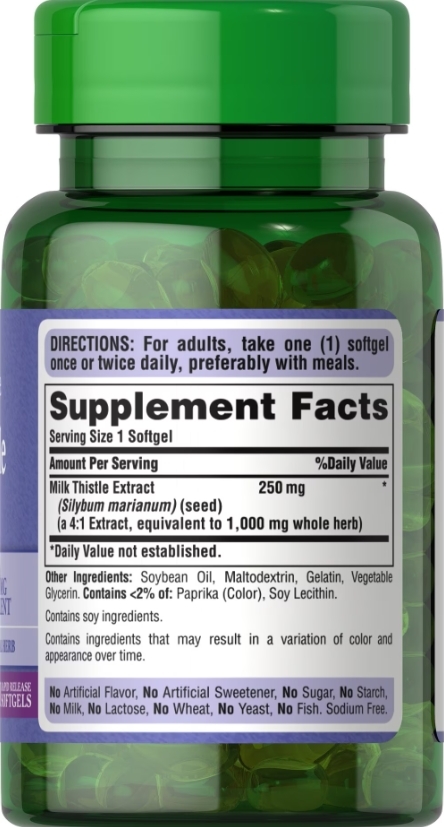 Расторопша Puritan's Pride Milk Thistle Extract 1000 мг, 30 гелевых капсул