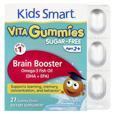 Омега-3 рыбий жир Kids Smart Vita Gummies Brain Booster для детей от 2 лет, без сахара, вкус фруктов, 27 жевательных конфет