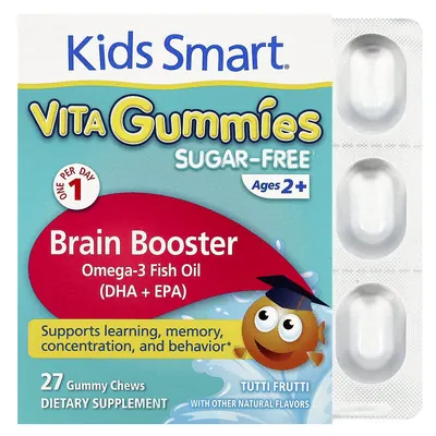 Омега-3 риб'ячий жир Kids Smart Vita Gummies Brain Booster для дітей від 2 років, без цукру, смак фруктів, 27 жувальних цукерок