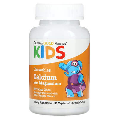 Кальций + магний для детей California Gold Nutrition Calcium Plus Magnesium со вкусом праздничного торта, 90 вегетарианских таблеток