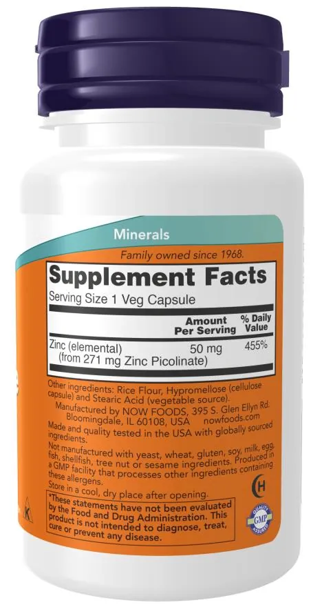 Цинк піколінат NOW Zinc Picolinate 50 мг вег. капсули №30