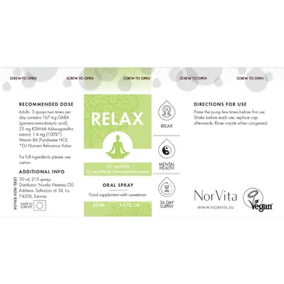 Релакс NorVita Relax спрей з GABA, екстрактом ашваганди KSM-66 та вітаміном B6, 30 мл