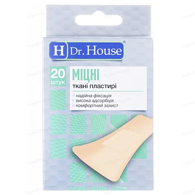 Набір пластирів медичних Dr. House Міцні бактерицидні на тканій основі, 7,2 см х 2,3 см, 20 штук