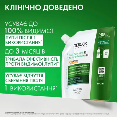 Шампунь Vichy Dercos посиленої дії проти лупи для нормального, жирного волосся та подразненої шкіри голови, змінний блок, 390 мл
