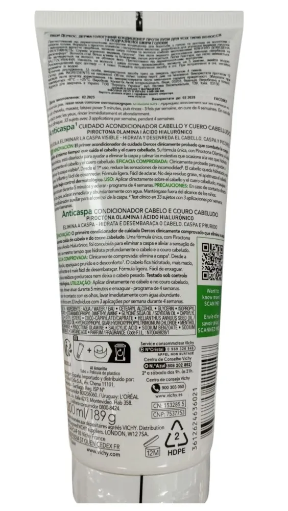 Кондиціонер Vichy Dercos Anti-dandruff дерматологічний проти лупи для усіх типів волосся та подразненої шкіри голови, 200 мл