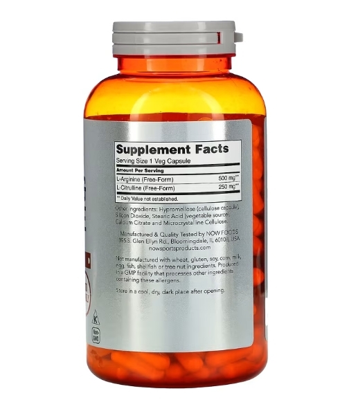 Аргинин и Цитруллин NOW Arginine & Citrulline 500 мг/250 мг, 240 капсул