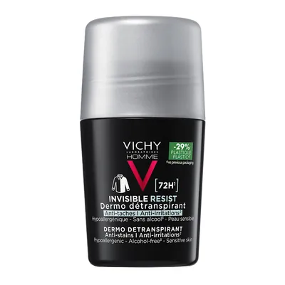 Дезодорант-антиперспірант кульковий Vichy Homme 72h Invisible Resist для чоловіків захист від поту і запаху проти жовтих і білих плям на одязі, 50 мл