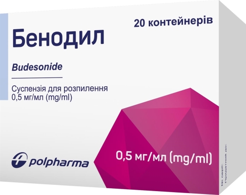 Бенодил суспензия д/распыл. 0.5 мг/мл по 2 мл №20 (5х4) в конт. полиэт.