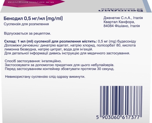Бенодил суспензія д/розпил. 0.5 мг/мл по 2 мл №20 (5х4) у конт. поліет.