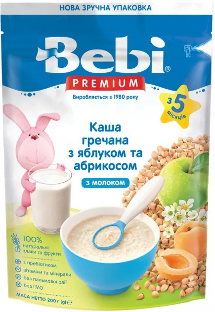 Каша молочна Bebi Premium Гречана з курагою і яблуком, з 5 місяців, 200 г