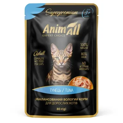 Корм вологий для дорослих котів AnimAll тунець, 80 г