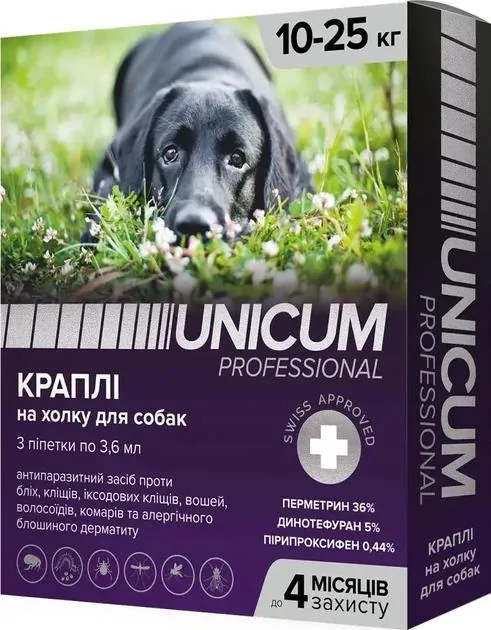 Краплі на холку Unicum Professional від бліх і кліщів для собак вагою 10-25 кг, 3 піпетки по 3,6 мл