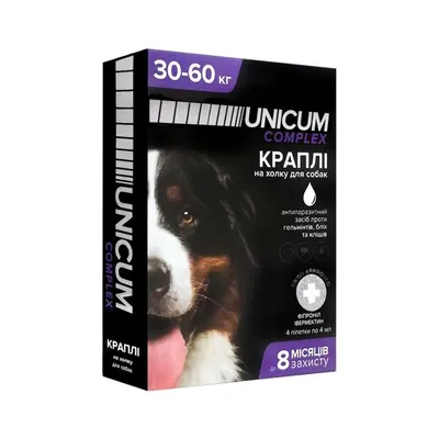 Краплі на холку Unicum Complex від бліх, кліщів і гельмінтів для собак вагою 30-60 кг, 4 піпетки