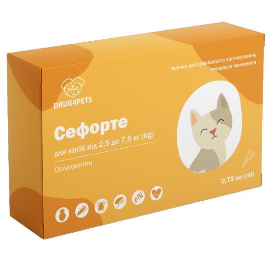 Сефорте DRUG4PETS капли от блох, клещей и глистов для кошек весом 2,5 - 7,5 кг, 1 пипетка по 0,75 мл