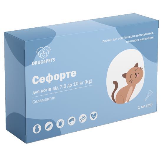 Сефорте DRUG4PETS капли от блох, клещей и глистов для кошек весом 7,5 - 10 кг, 1 пипетка по 1 мл
