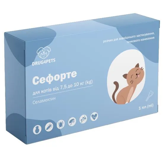 Сефорте DRUG4PETS краплі від бліх, кліщів та глистів для котів вагою 7,5 - 10 кг, 1 піпетка по 1 мл