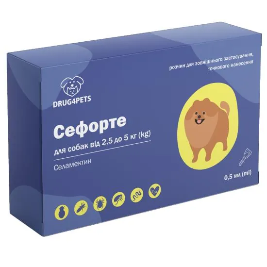 Сефорте DRUG4PETS краплі від бліх, кліщів та глистів для собак вагою 2,5 - 5 кг, 1 піпетка по 0,5 мл