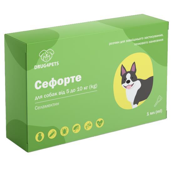 Сефорте DRUG4PETS капли от блох, клещей и глистов для собак весом 5 – 10 кг, 1 пипетка по 1 мл