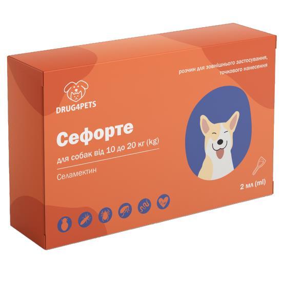 Сефорте DRUG4PETS капли от блох, клещей и глистов для собак весом 10 – 20 кг, 1 пипетка по 2 мл