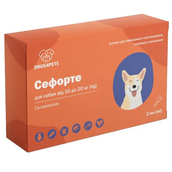 Сефорте DRUG4PETS краплі від бліх, кліщів та глистів для собак вагою 10 - 20 кг, 1 піпетка по 2 мл