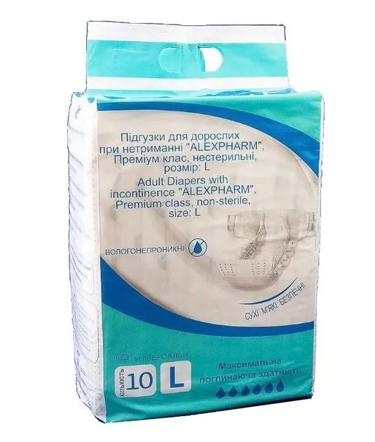 Підгузки для дорослих Alexpharm, Преміум клас, розмір L (91-117 см), 10 штук