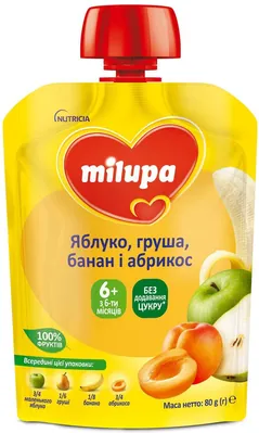 Пюре фруктове Milupa Яблуко, груша, банан і абрикос для дітей з 6 місяців, 80 г